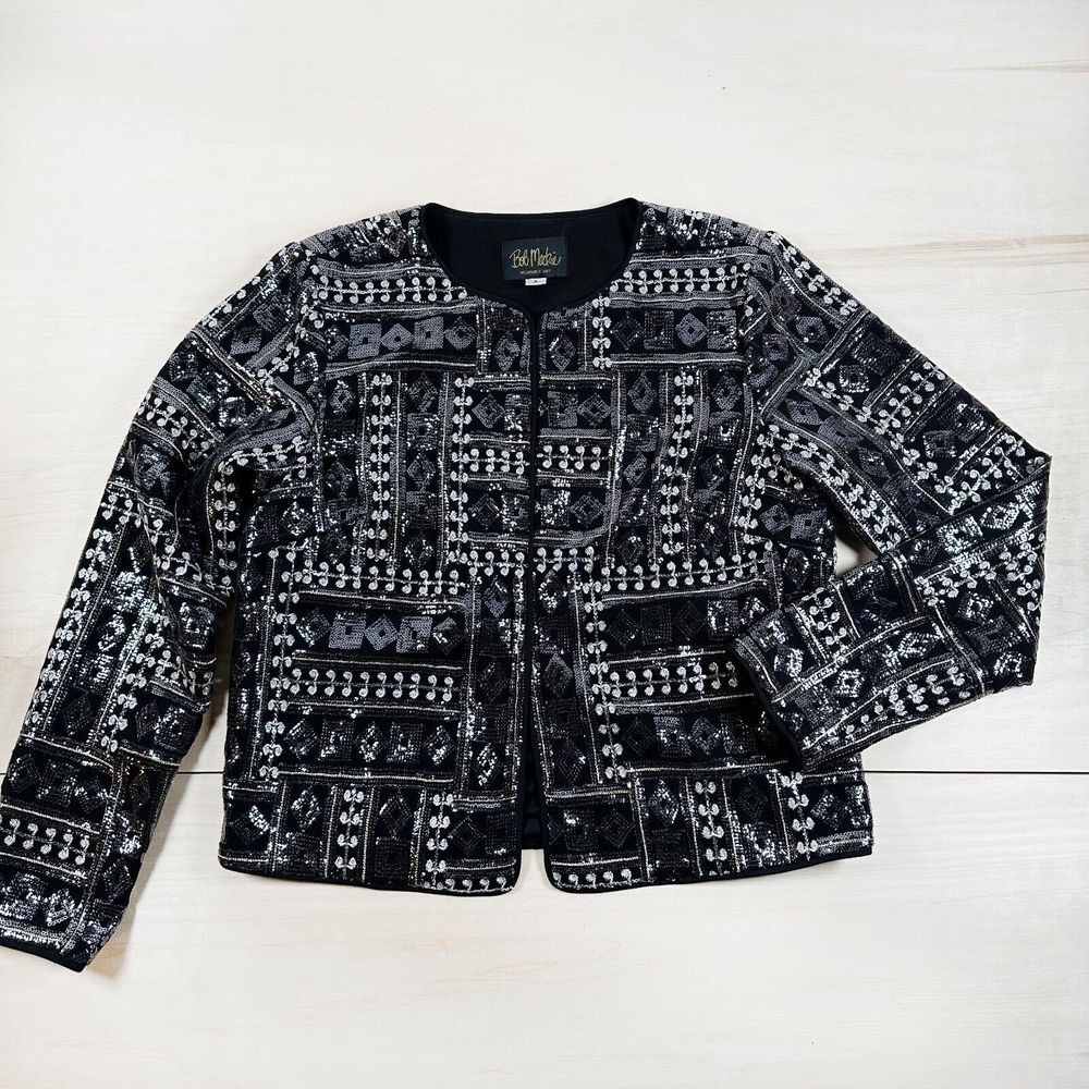 Bob Mackie Wearable Art Jacket 4 Sequins Black Silver Metallic Holiday Western